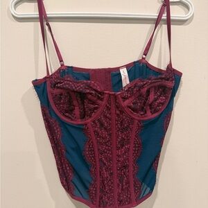 Elegant Lace Corset in Burgundy and Teal